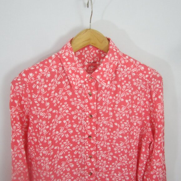 Pure Linen Brand Womens 14 Coral Pink White Floral LS 100% Linen Button Shirt XL - Picture 1 of 8
